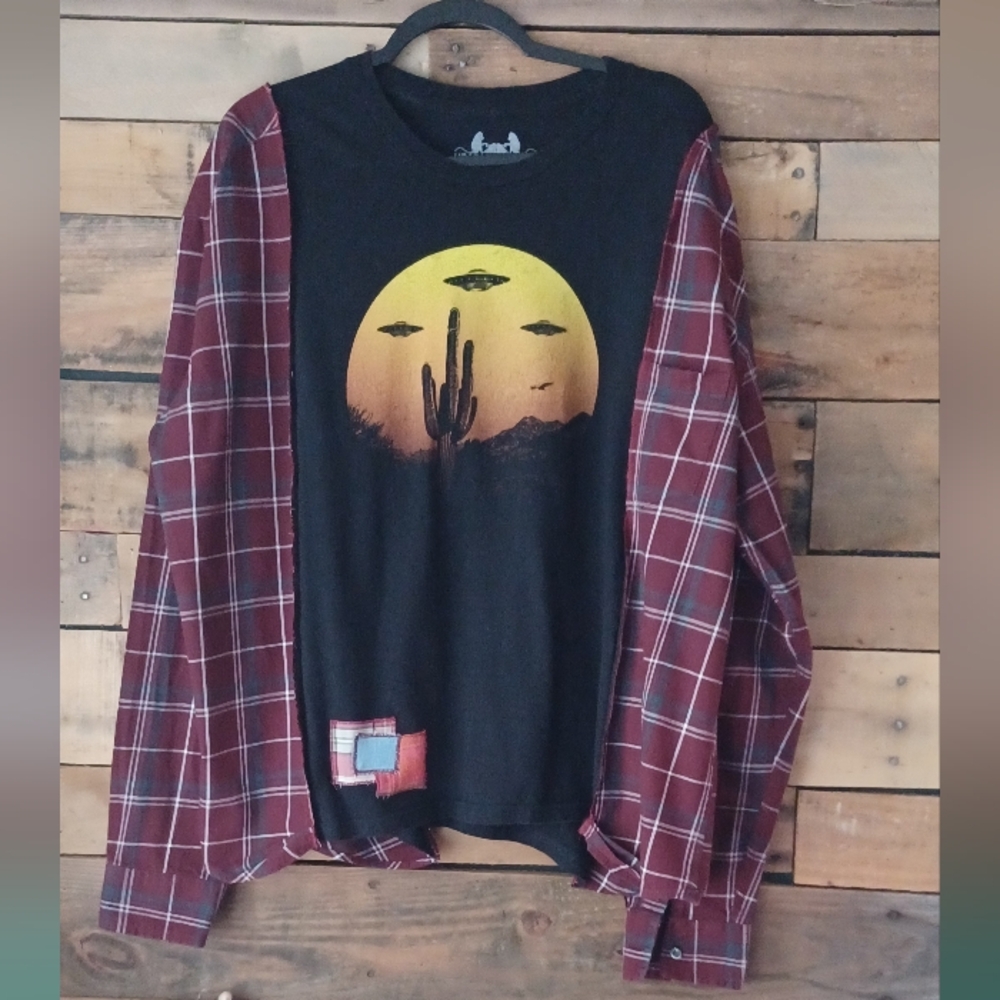 Upcycled Plaid Sleeve Black Graphic Shirt